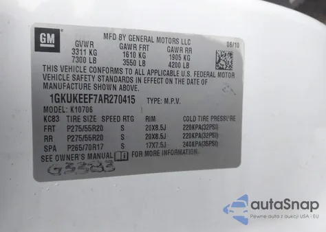 2010 GMC Yukon Denali z USA, uszkodzony, nr VIN 1GKUKEEF7AR270415